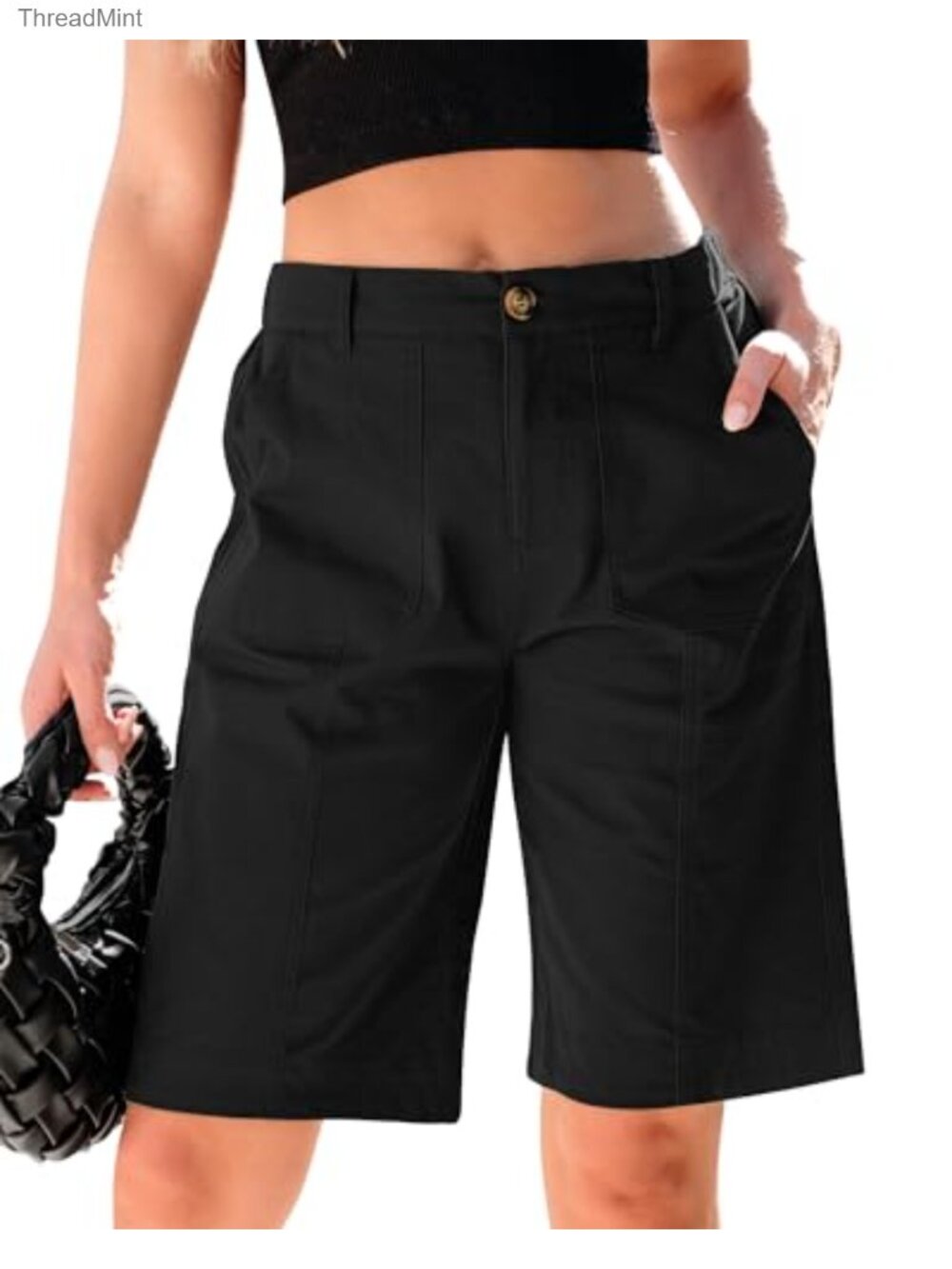 Women's Knee Length Bermuda Shorts High Waisted Cotton Chino Long Shorts